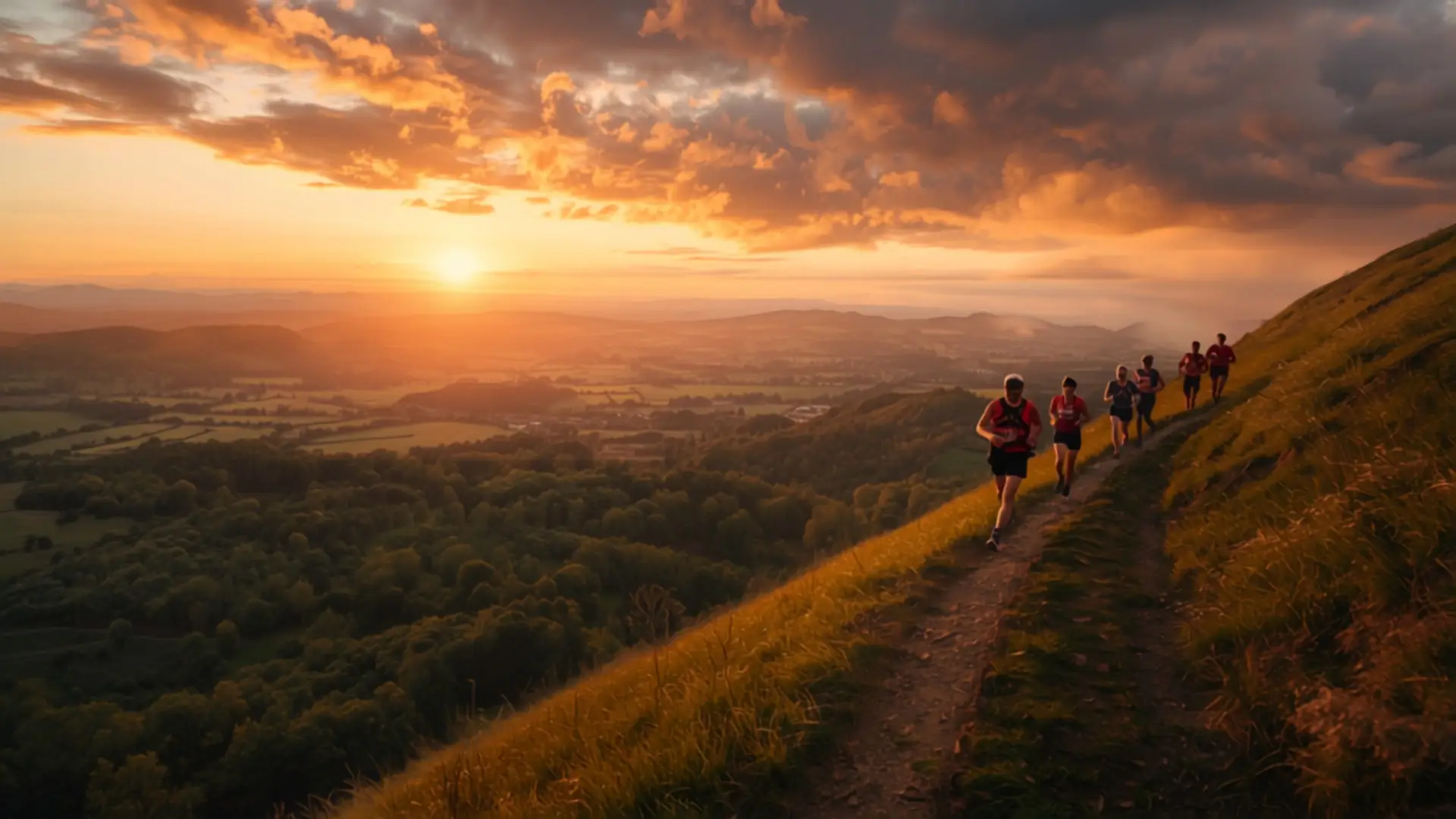 Coureurs sur un chemin de crête dans les collines normandes